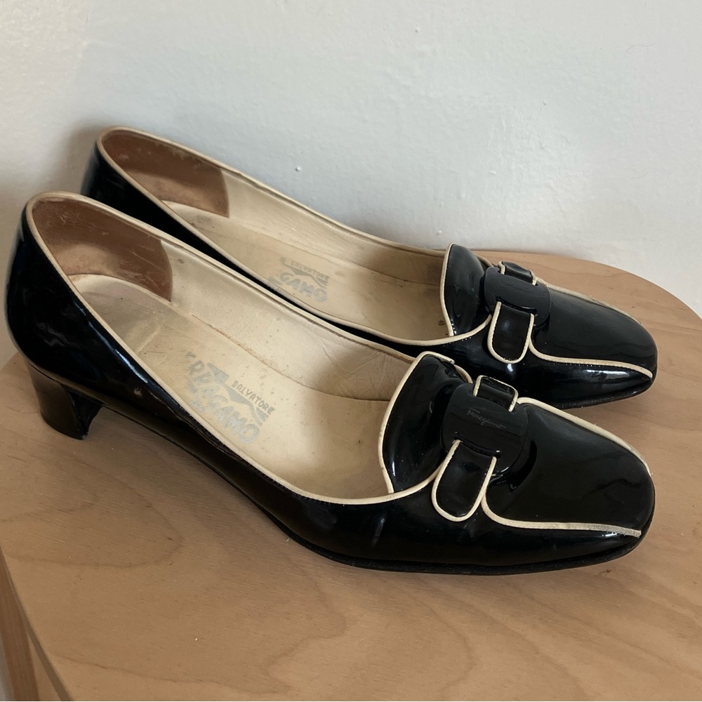 Salvatore Ferragamo Black Patent Leather Women's Block Heels -size 10